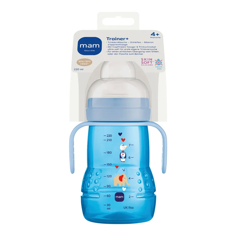 Trinklernflasche mit Griffen Trainer+, 220ml, ab 4M by MAM in Blue, 7,5 × 9,5 × 21,5 mm – product photo