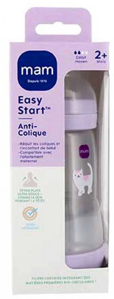 Zuigfles Easy Start 260 ml 2 Maanden en + Debiet 2 Medium (Kleur van MAM in Mauve kat – productfoto
