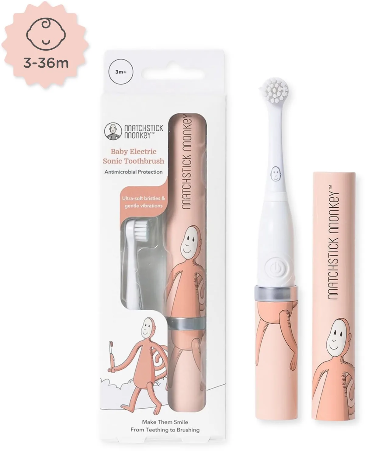 Elektrische Tandenborstel kind - Kindertandenborstel met extra zachte antibacteriële Borstel - Voor Baby & Peuter vanaf 3 maanden - Incl Hygiënische dop - Incl. Batterij van Matchstick Monkey in Roze – productfoto