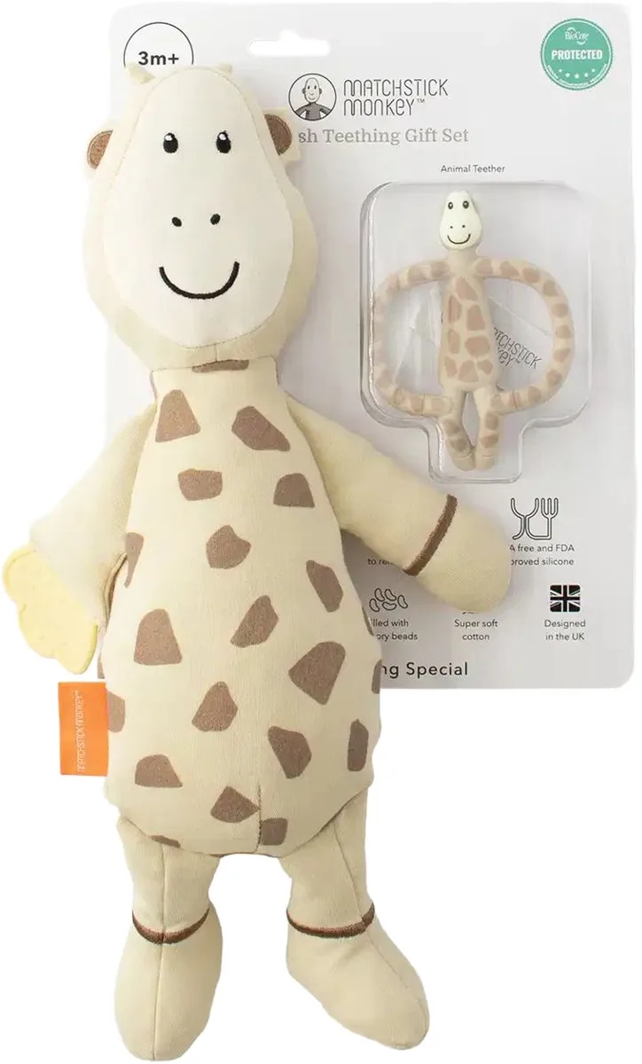 Giftset Knuffel en Bijtring - Giraf van Matchstick Monkey in Beige – productfoto