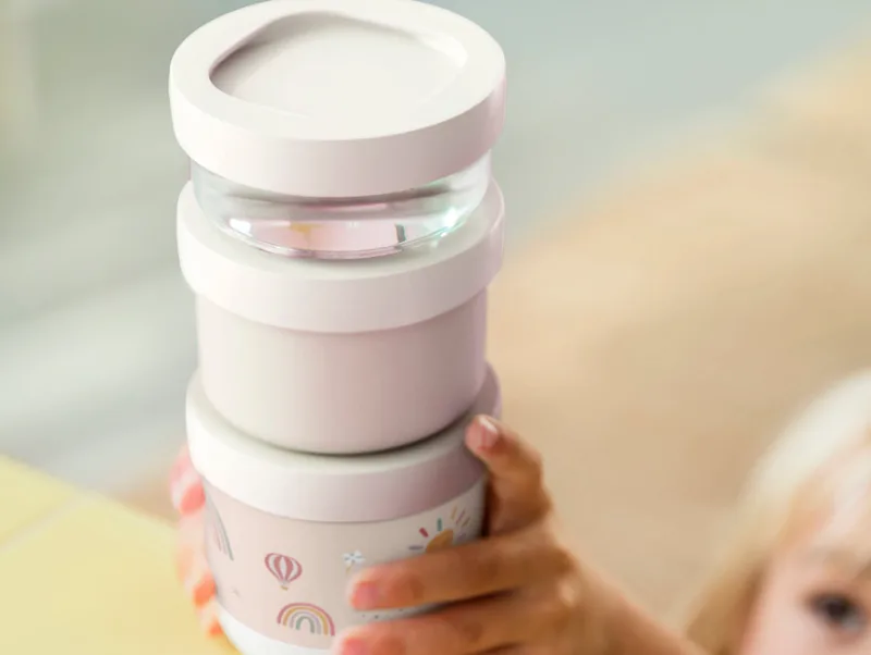 Mepal Mio kinderbestek 550 ml snackbox, stapelbaar, 3-delig van Mepal in Little Farm – productfoto 4 van 4