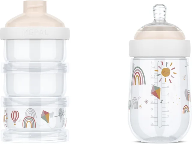 Melkpoedertoren + babyfles 240 ml Mio - Set voor flesvoeding - Sunshine & Rainbow