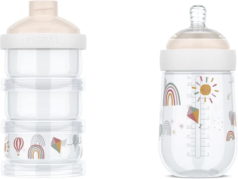 Melkpoedertoren + babyfles 240 ml Mio - Set voor flesvoeding - Sunshine & Rainbow de Mepal en Sunshine & Rainbow – photo produit