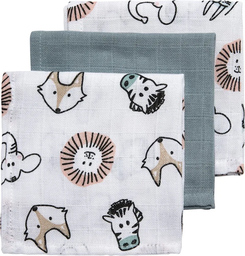 Animal monddoekjes - 3-pack - hydrofiel - multicolour - 30x30cm van Meyco in Groen – productfoto