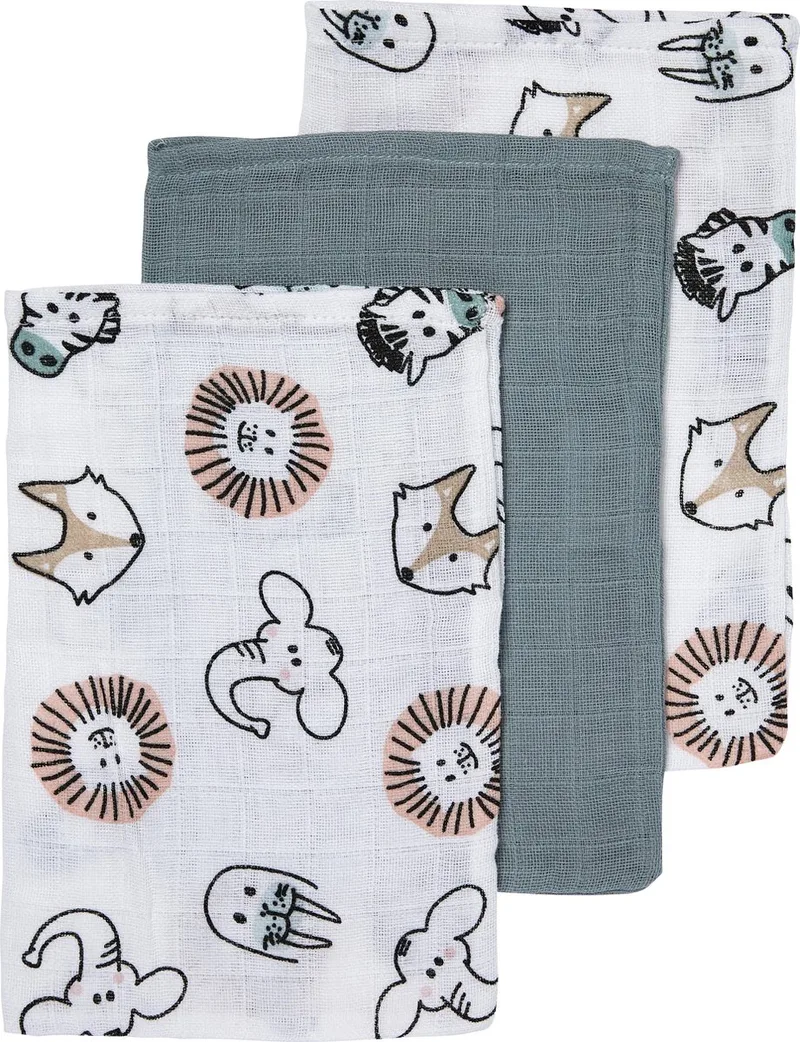 Animal washandjes - 3-pack - hydrofiel - multicolour - 20x17cm van Meyco in Meerkleurig – productfoto