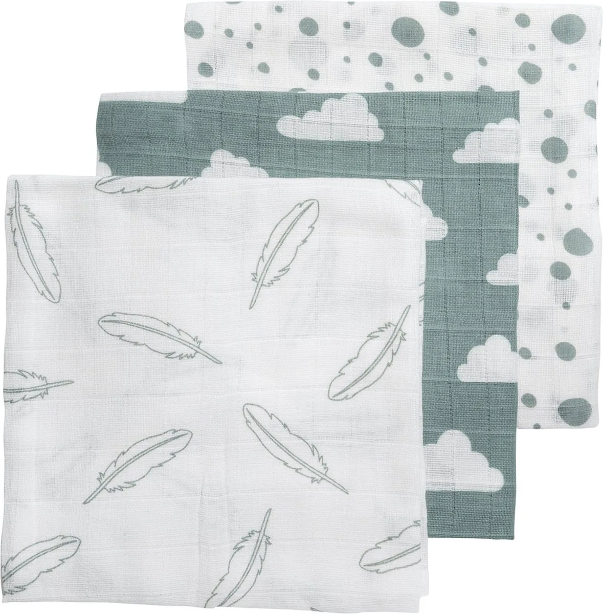 Clouds/Dots/Feathers hydrofiele doeken - 3-pack - 70x70cm van Meyco in Stone Green – productfoto