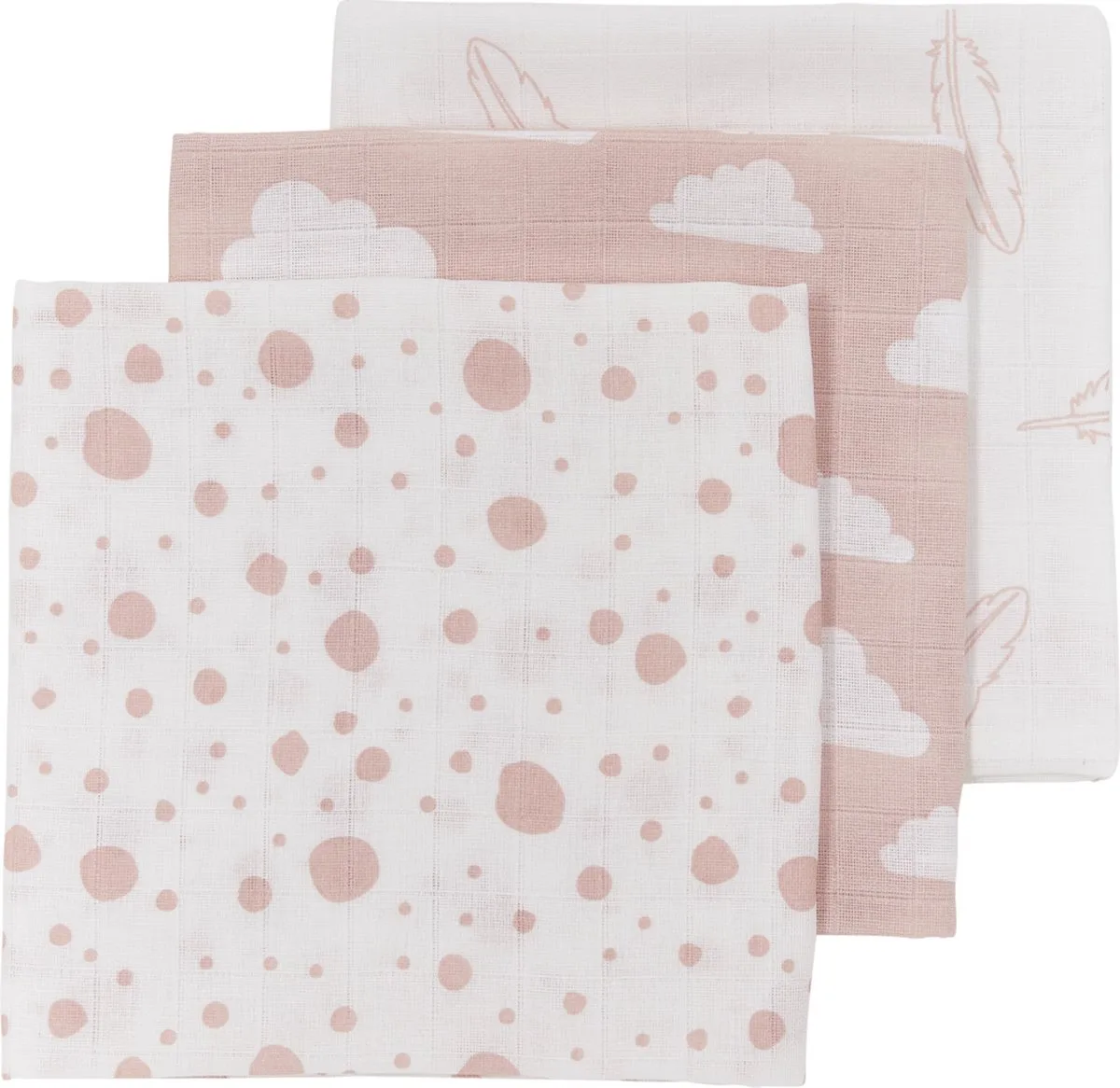 Clouds/Dots/Feathers hydrofiele doeken - 3-pack - pink - 70x70cm de Meyco en Blanc – photo produit