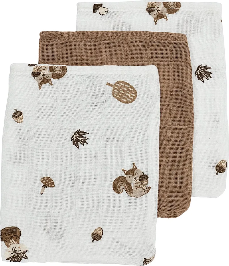 Forest Animals washandjes, 3-pack, hydrofiel, toffee, 20x17cm van Meyco in Forest Animals Toffee – productfoto