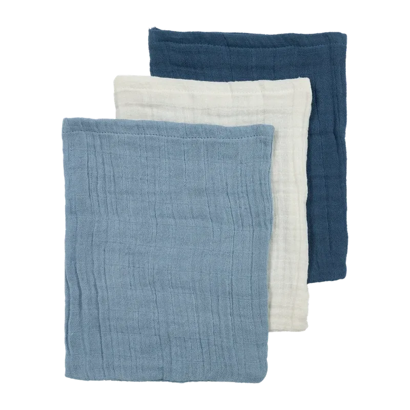 Hydrofiele Washandje pre-washed 3-pack - Natural/Jeans blue/Indigo van Meyco – productfoto