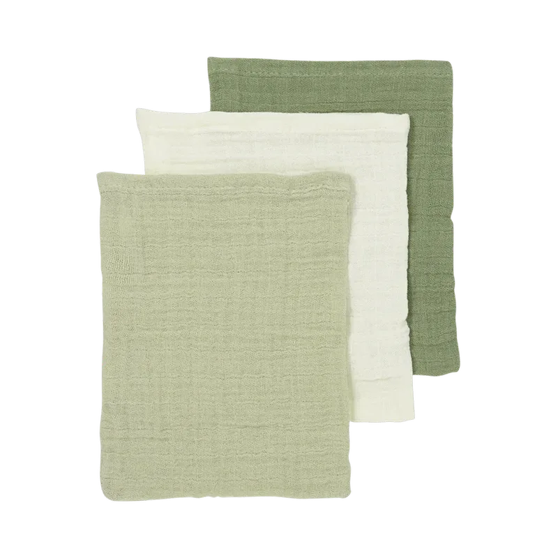 Hydrofiele Washandje pre-washed 3-pack - Natural/Soft Olive/Olive Green von Meyco – Produktfoto