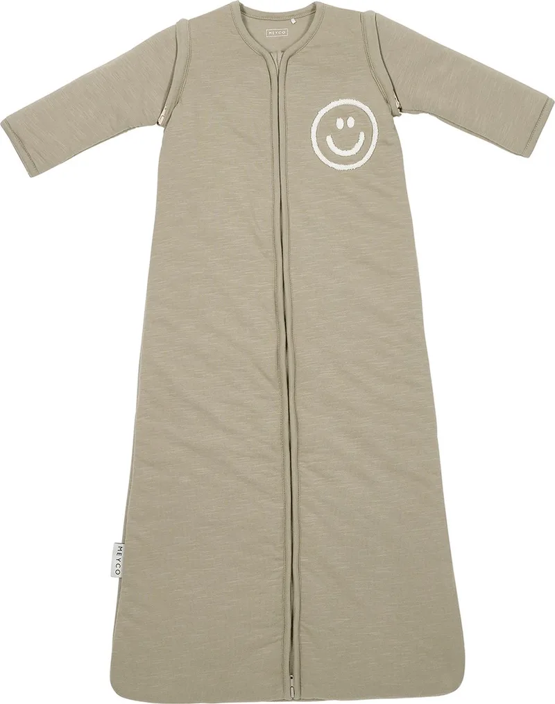 Slub Met Smile Applicatie Baby Slaapzak Met Afritsbare Mouwen - Taupe/Offwhite - 70cm - 2.5 TOG by Meyco in Smile Taupe, Offwhite – product photo