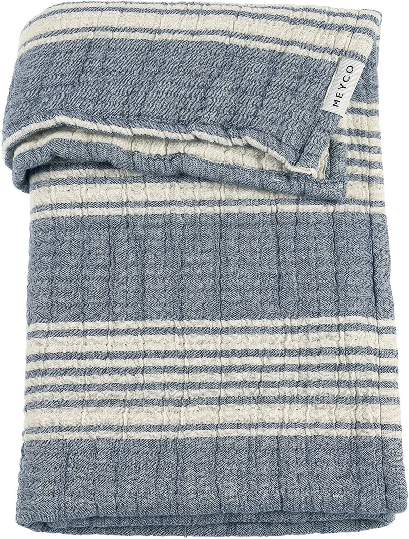 Stripe Jacquard Wiegdeken - Pre-washed Hydrofiel - 75x100cm - 1.5 TOG från Meyco i Indigo – produktbild