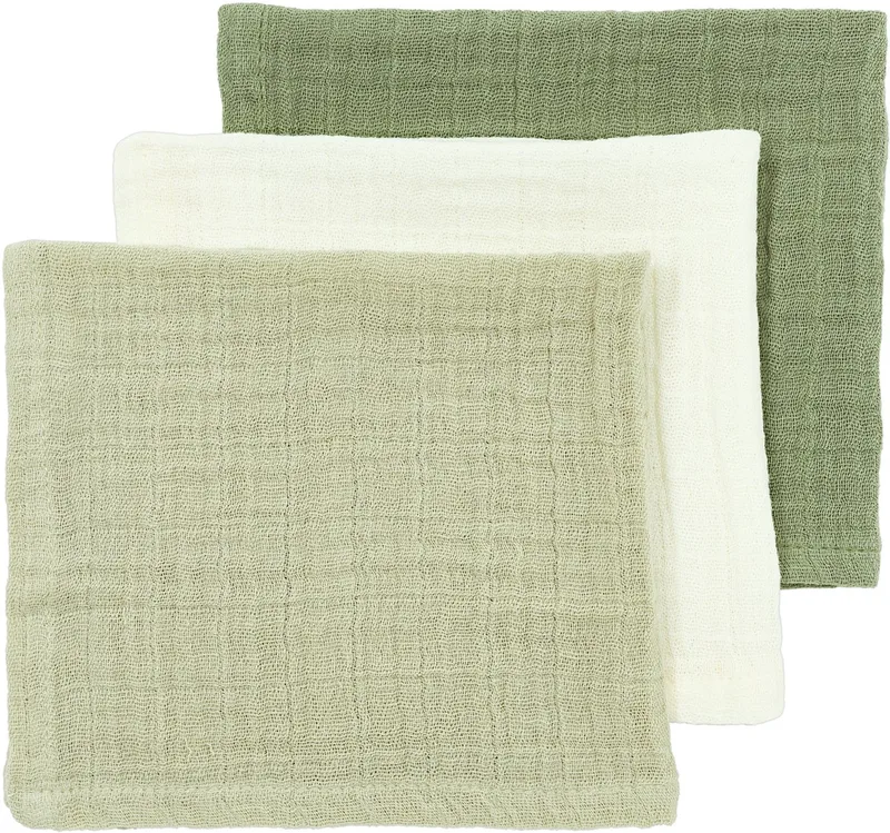 Uni Monddoekjes - 3 Stuks - Pre-Washed Hydrofiel - 30 x 30 cm - Naturel/Soft Olive/Olive Green fra Meyco i Grøn – produktbillede