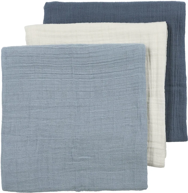Uni Pre-washed Hydrofiele doeken - Pre-washed Hydrofiel - 70x70cm - 3-pack by Meyco in Natural, Jeans Blue, Indigo – product photo