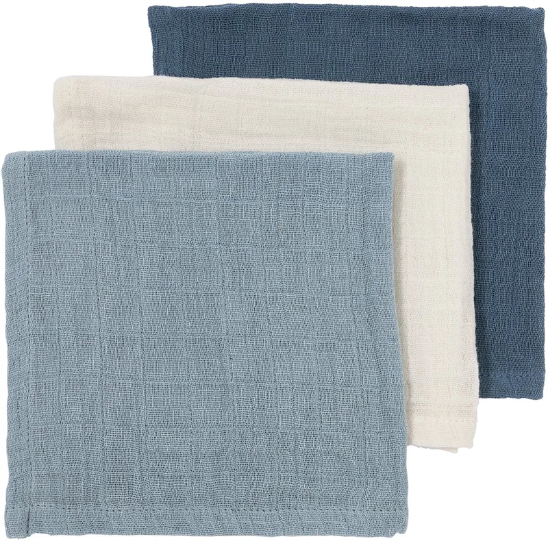 Uni Pre-washed Hydrofiele Monddoekjes - Pre-washed Hydrofiel - 30x30cm - 3-pack van Meyco in Naturel, Jeans Blue, Indigo – productfoto