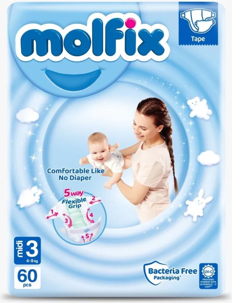 Premium Luiers Maat 3 Midi (4-9 KG) Voordeel verpakking - Maandbox - 360 luiers - Ultra Absorberend, Huidvriendelijk, Perfecte Pasvorm de Molfix – photo produit