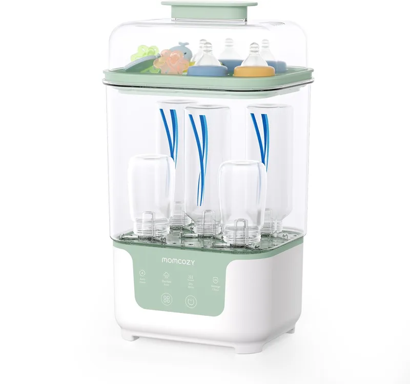 Babyfles Sterilisator & Droger - 4-in-1 – Steriliseren, Drogen en Bewaren – Geschikt voor 6 Flessen – Compact von Momcozy in Weiß, Grün – Produktfoto