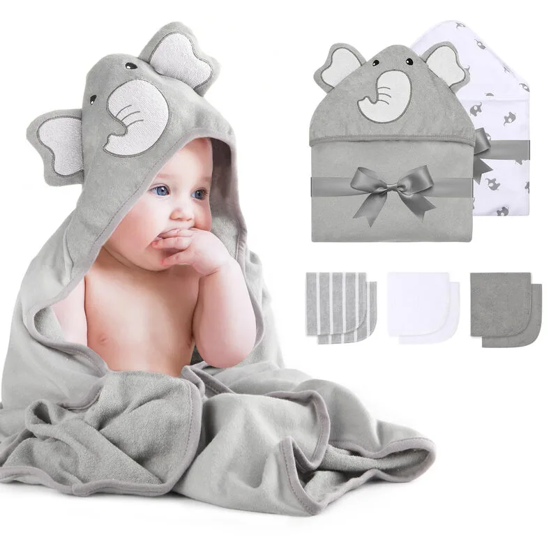 badhanddoeken- en washanddoeken-set van polyesterkatoenmengsel M19FWXY01 (grijs olifantenpatroon, 8 stuks) van Momcozy – productfoto