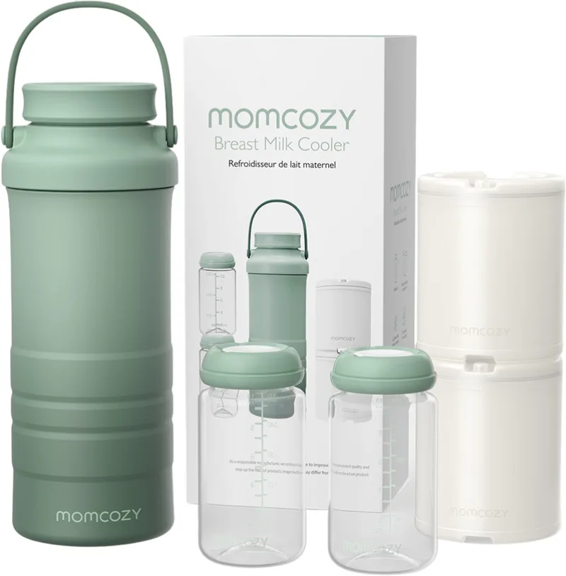 Draagbare Moedermelk Koeler – 2 Flessen – Koelelement – Lekvrij by Momcozy in Groen/Wit – product photo