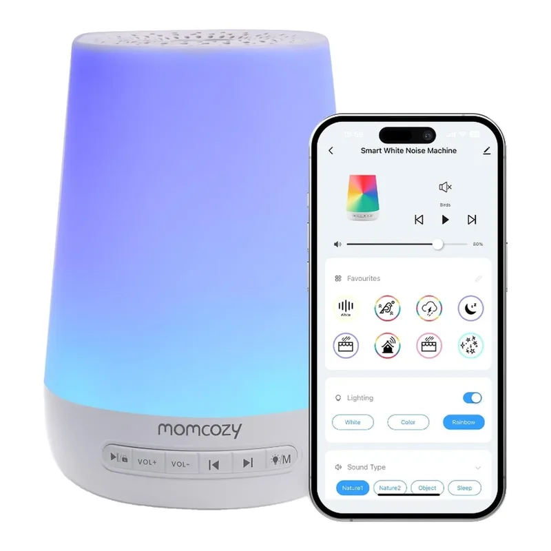 Witte-ruismachine met nachtlampje voor babyslaap, 34 rustgevende geluiden, timer, bediening via app, persoonlijke slaaproutine (blauw) van Momcozy – productfoto