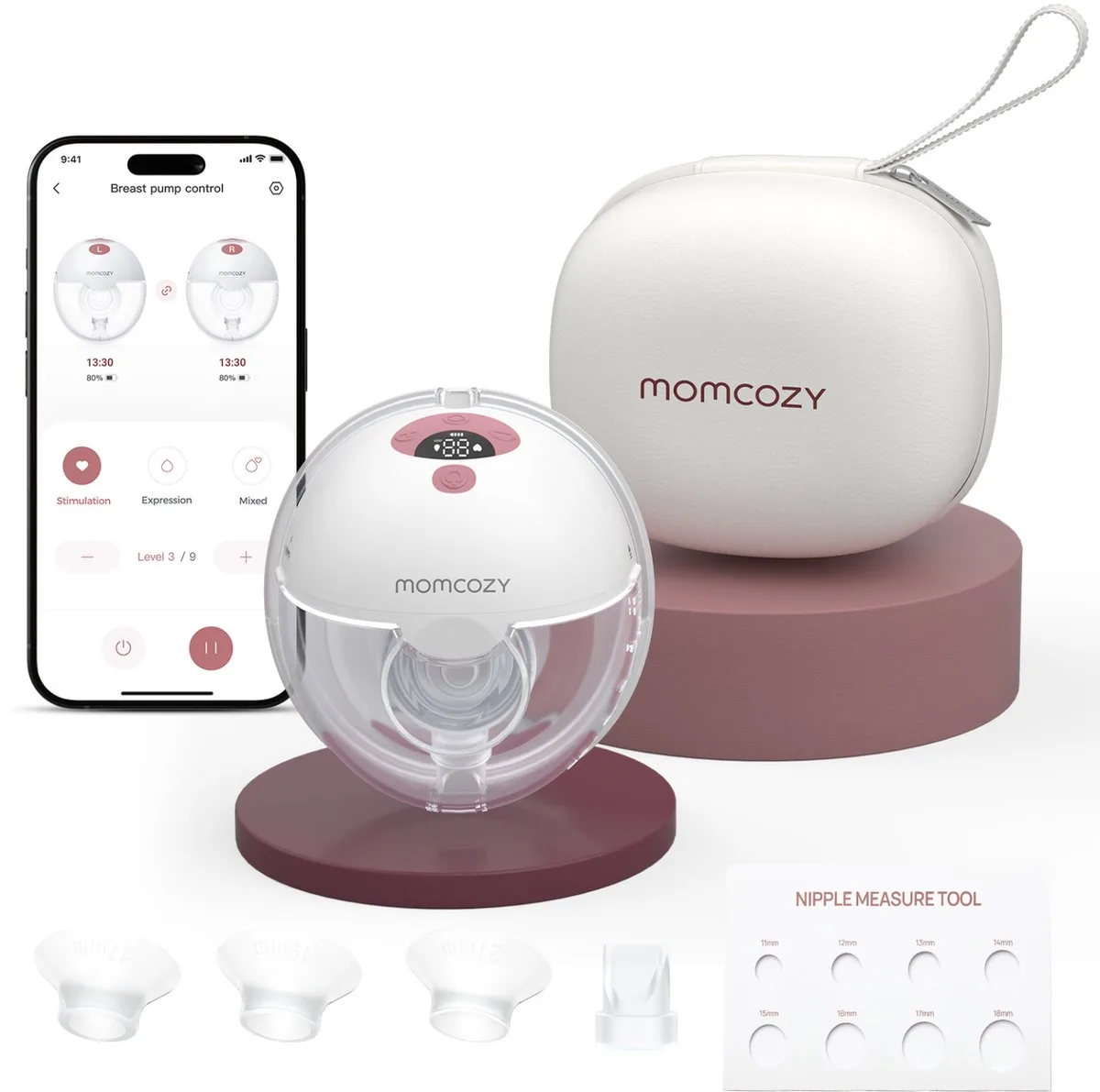 M5 Smart – Handsfree Borstkolf – 1 Stuk – Elektrisch – Stil & Compact – Met Borstschild Inserts van Momcozy in Wit, Rood – productfoto