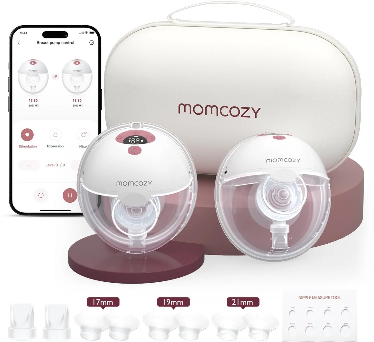 M5 Smart – Handsfree Borstkolf – 2 Stuks – Elektrisch – Stil & Compact – Met Borstschild Inserts van Momcozy in Wit, Rood – productfoto