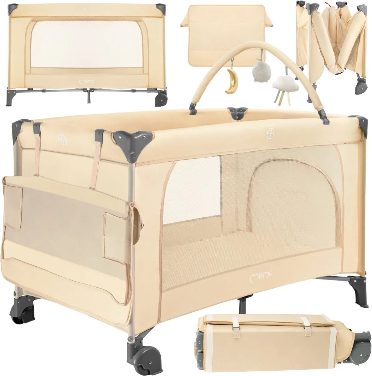 BELOVE PLUS Reisbedje & Campingbedje - 2 Niveaus - Met Verschoonblad, Speelboog & Matras - Vanaf Geboorte tot 15 kg by MoMi in Beige – product photo