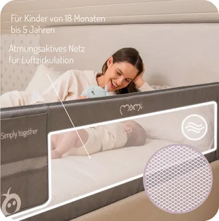 Bettschutzgitter Lexi Plus XL, Absenkbar mit Sicherheitsverriegelung, Netz & Doppeltasche van MoMi in Grijs – productfoto 2 van 5