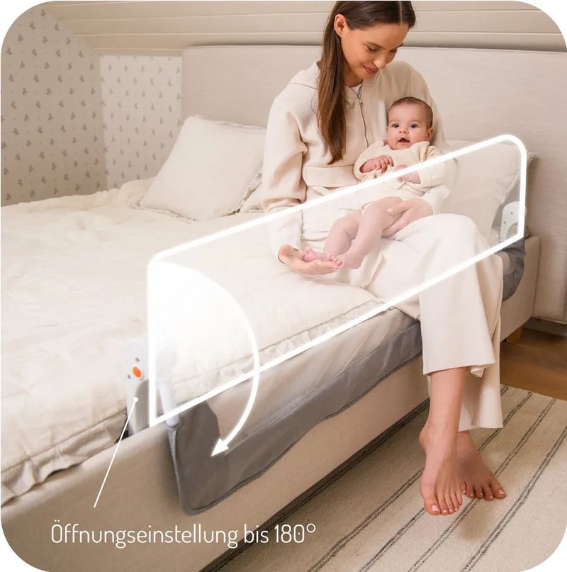 Bettschutzgitter Lexi Plus XL, Absenkbar mit Sicherheitsverriegelung, Netz & Doppeltasche van MoMi in Grijs – productfoto 5 van 5