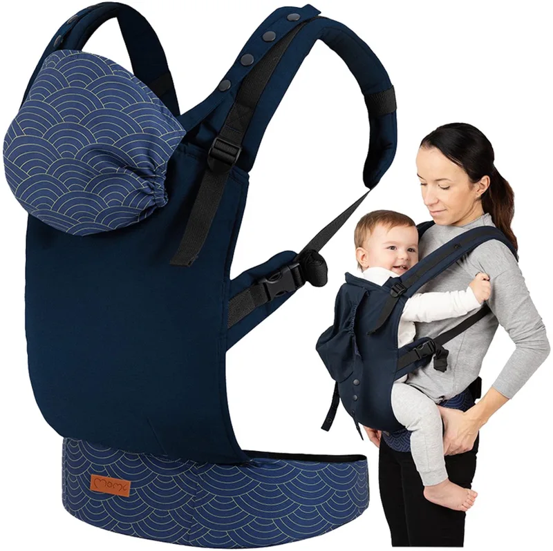 COLLET Draagzak - Ergonomische Babydrager - M-Positie - Verstelbaar - Met Afneembare Capuchon - Navy van MoMi in Marine blauw – productfoto