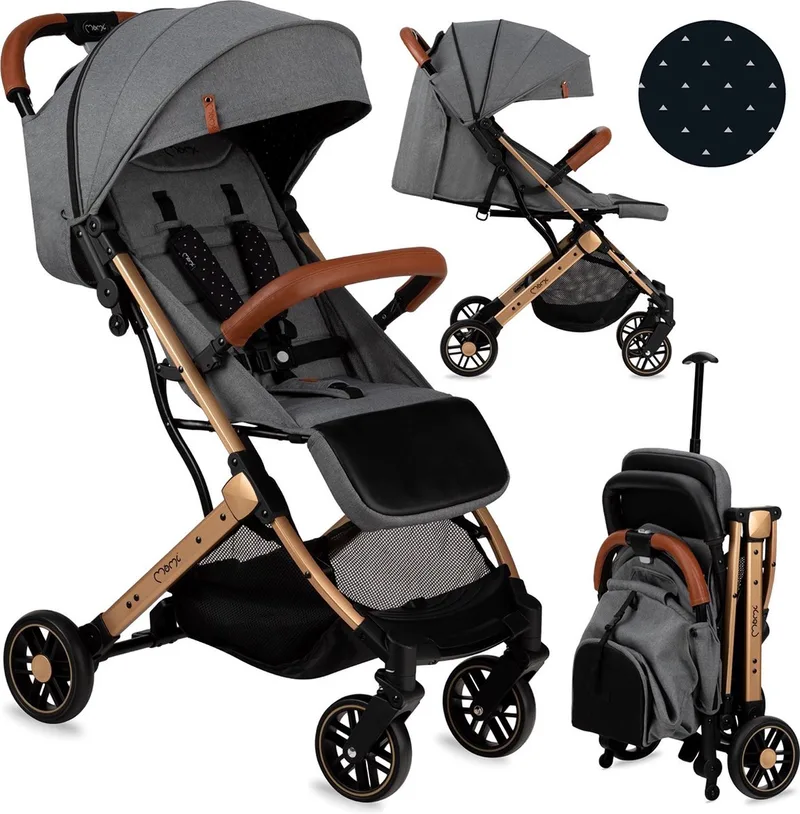 Estelle Kinderwagen - Lichtgewicht Buggy - Compact Opvouwbaar - Met Verstelbare Rugleuning - Reisbuggy 6+ Maanden - Grijs/Goud van MoMi in Grijs – productfoto
