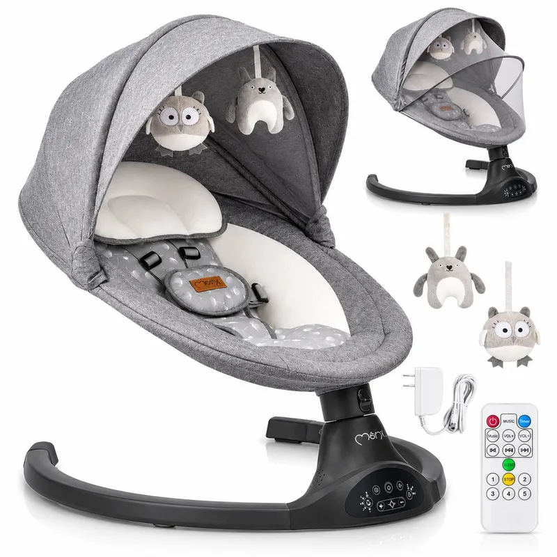 Kenani - Elektrische Babyschommel - Bluetooth - Afstandsbediening - 5 Schommelsnelheden - Donkergrijs van MoMi in Grijs – productfoto