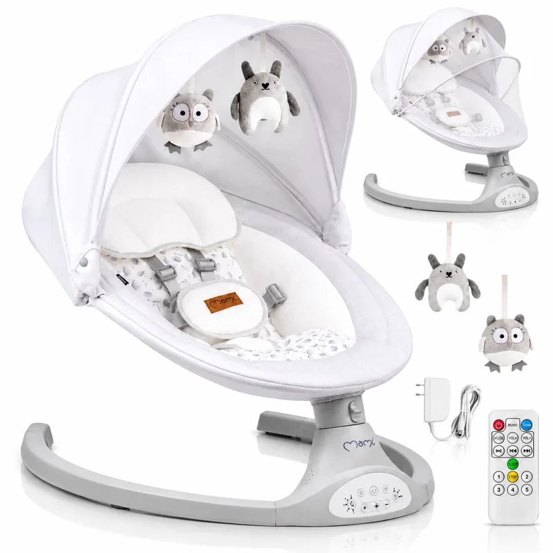 Kenani - Elektrische Babyschommel - Bluetooth - Afstandsbediening - 5 Schommelsnelheden van MoMi in Lichtgrijs – productfoto