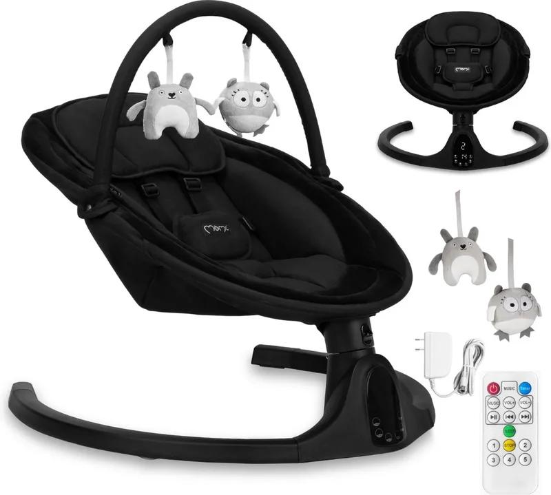 Kenani Onyx - Elektrische Babyschommel - Bluetooth - Afstandsbediening - 5 Schommelsnelheden van MoMi in Zwart – productfoto