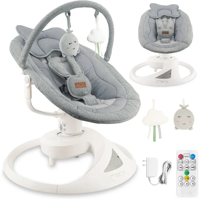 PEARL Elektrische Babyschommel en Wipstoel met Bluetooth, Afstandsbediening en 360° Draaibare Zitting van MoMi in Grijs – productfoto