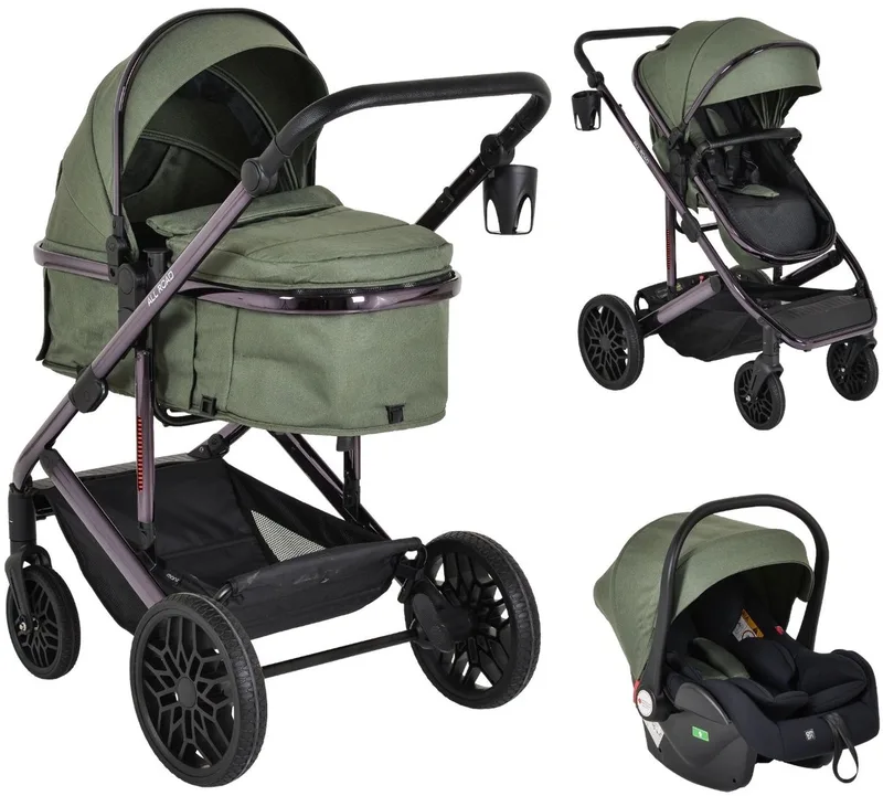 All Road Dark Green 3-in-1 Combi Kinderwagen met i-Size Autostoel van Moni in Groen – productfoto