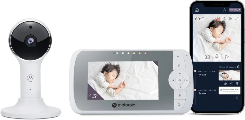 VM64 Babyfoon met Camera en App – 4.3” WiFi Video Baby Monitor met Smartphone App – 2-weg Audio, Nachtzicht, Temperatuur, Slaapliedjes, Digitale zoom de Motorola en Wit – photo produit