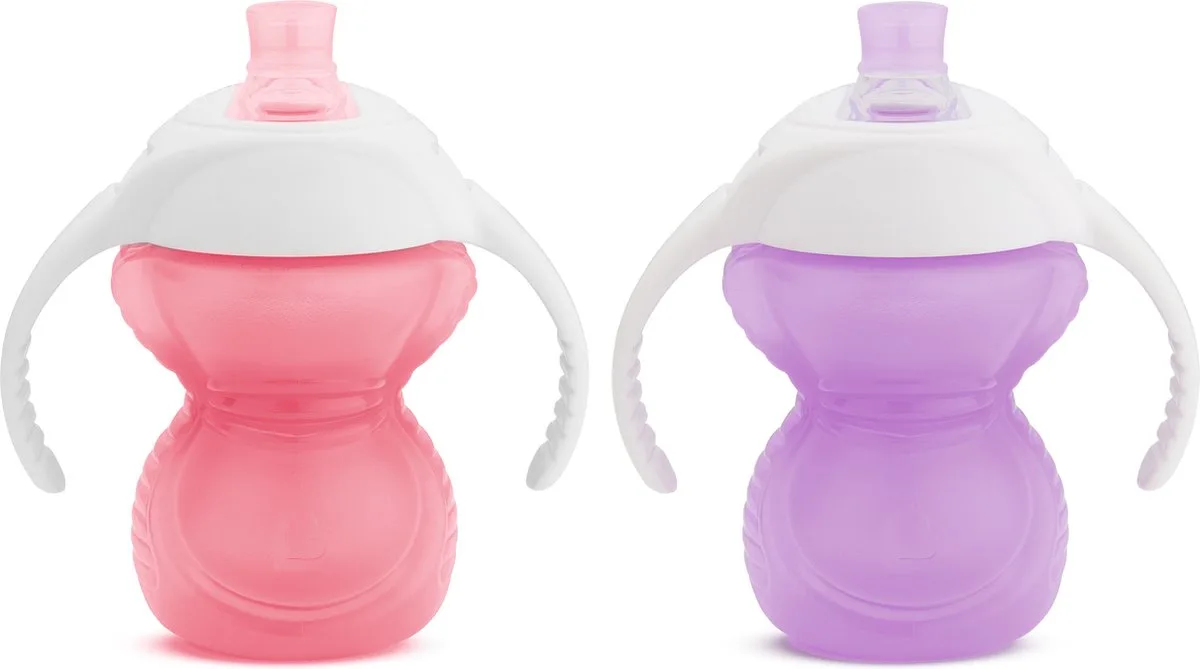 Drinkbeker 2-pack - Click Lock Bite proof trainer cup - bijtbestendige drinkbeker voor baby's - Overgangsbeker - vanaf 6 maanden - beker met handgrepen - 207ml - Paars/Roze van Munchkin in Click Lock Roze, Paars – productfoto