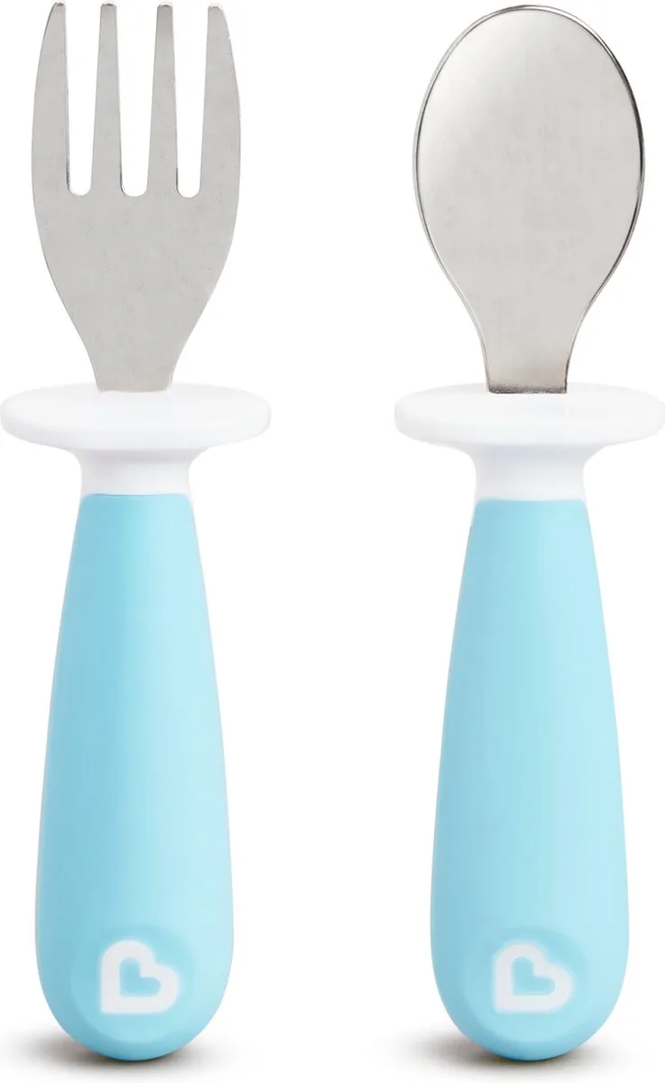 Kinderbestek Vork en Lepel voor peuters – Raise - 2-delig - vanaf 12 maanden - Roestvrijstalen bestekset van Munchkin in Blauw – productfoto