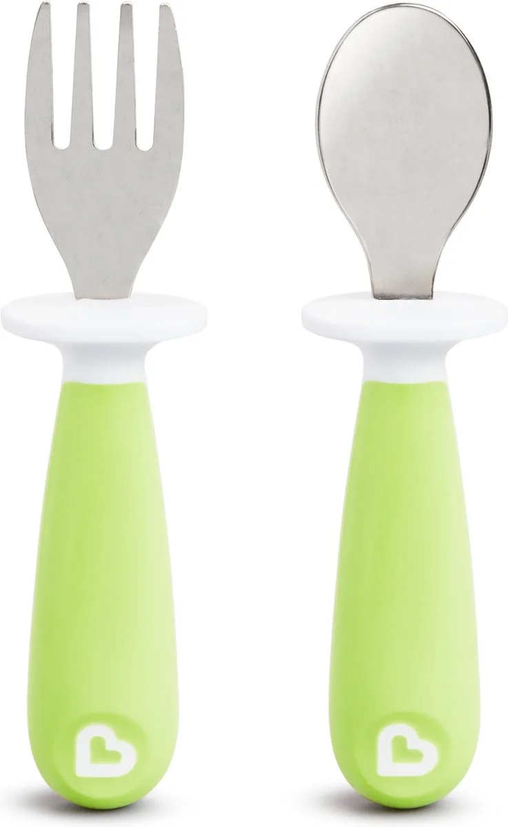 Kinderbestek Vork en Lepel voor peuters – Raise - 2-delig - vanaf 12 maanden - Roestvrijstalen bestekset by Munchkin in Green – product photo