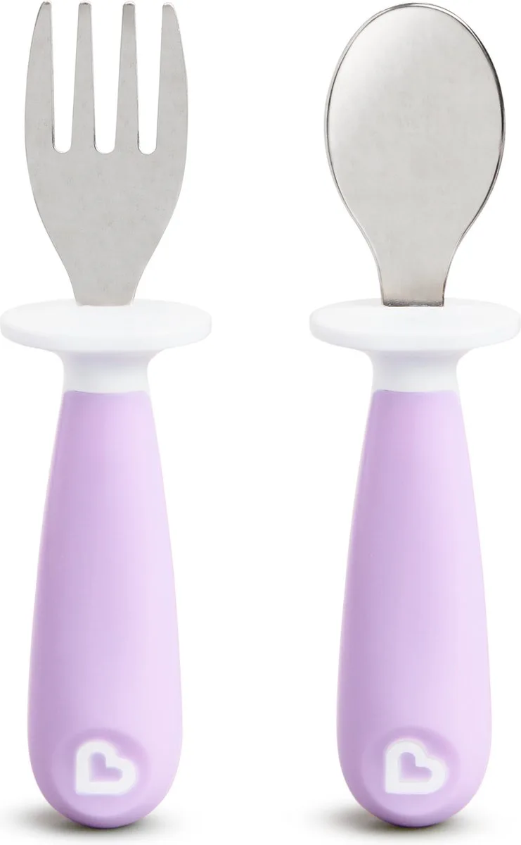Kinderbestek Vork en Lepel voor peuters – Raise - 2-delig - vanaf 12 maanden - Roestvrijstalen bestekset van Munchkin in Paars – productfoto