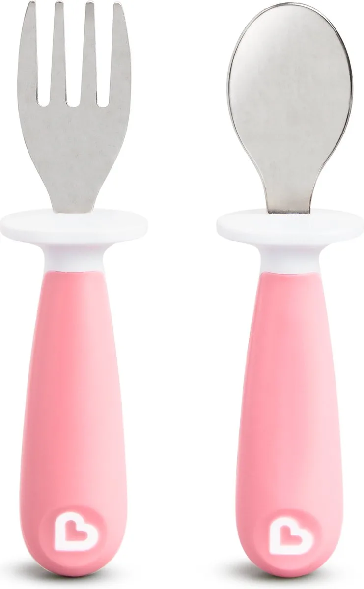Kinderbestek Vork en Lepel voor peuters – Raise - 2-delig - vanaf 12 maanden - Roestvrijstalen bestekset by Munchkin in Pink – product photo