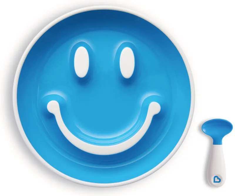 kinderservies - Baby Bordje met zuignap en Lepel - Smile 'n Scoop - Bord met zuignap in de vorm van een smiley - BPA-vrij - 9+ maanden - Blauw by Munchkin in Smile 'n Scoop Blauw – product photo