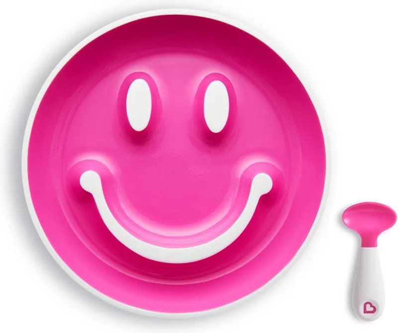 kinderservies - Baby Bordje met zuignap en Lepel - Smile 'n Scoop - Bord met zuignap in de vorm van een smiley - BPA-vrij - 9+ maanden - Roze by Munchkin in Smile 'n Scoop Roze – product photo
