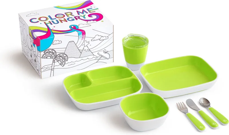 kinderservies set - Splash ColorMe Hungry Set - Cadeauset voor Kinderen - 7-Delige Eetset - borden, kommen, lepels en vorken - Kraamcadeau de Munchkin en Vert – photo produit