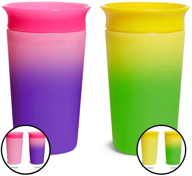 Miracle Anti-Lek 360° Drinkbeker - 2pk Sippy Cup - Veranderd van Kleur - Warmtegevoelig - Oefenbeker voor Baby en Kind - 266ml - 2 Stuks - Roze/Geel från Munchkin i Rosa – produktbild