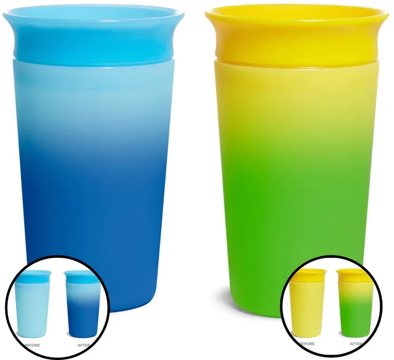 Miracle Anti-Lek 360° Drinkbeker - 2pk Sippy Cup - Veranderd van Kleur - Warmtegevoelig - Oefenbeker voor Baby en Kind - 266ml - 2 Stuks - Blauw/Geel van Munchkin in Blauw – productfoto