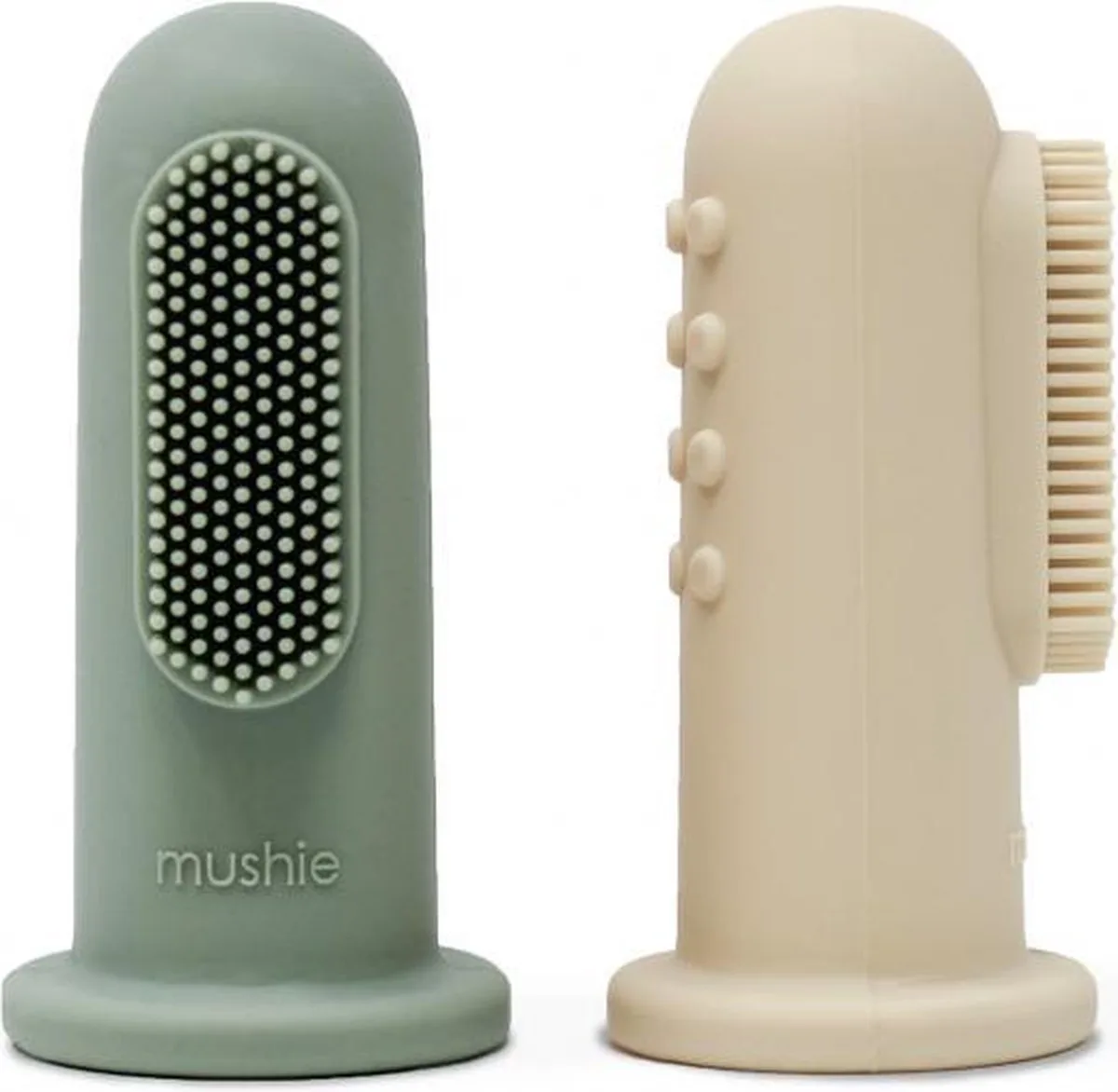 Finger Toothbrush Cambridge Blue/Sand - Vingertandenborstel Baby - 2 stuks per verpakking - Tandenborstel Siliconen fra Mushie i Cambridge Blue en Shifting Sand – produktbillede