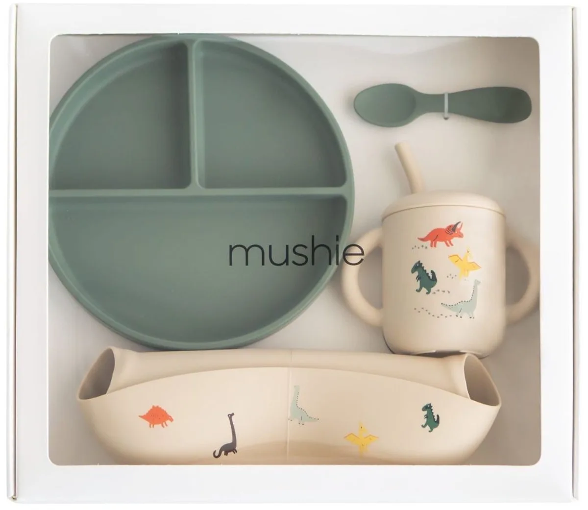 giftbox siliconen servies - dino de Mushie en Beige & Groen – photo produit