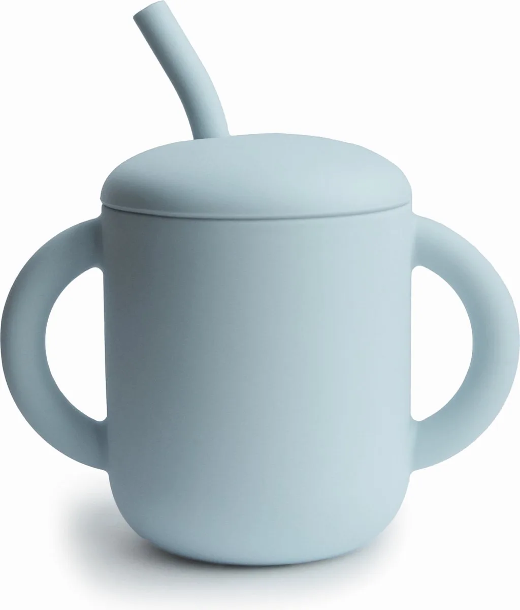 Oefenbeker met Deksel en Rietje - Oefenbeker de Mushie en Powder Blue – photo produit